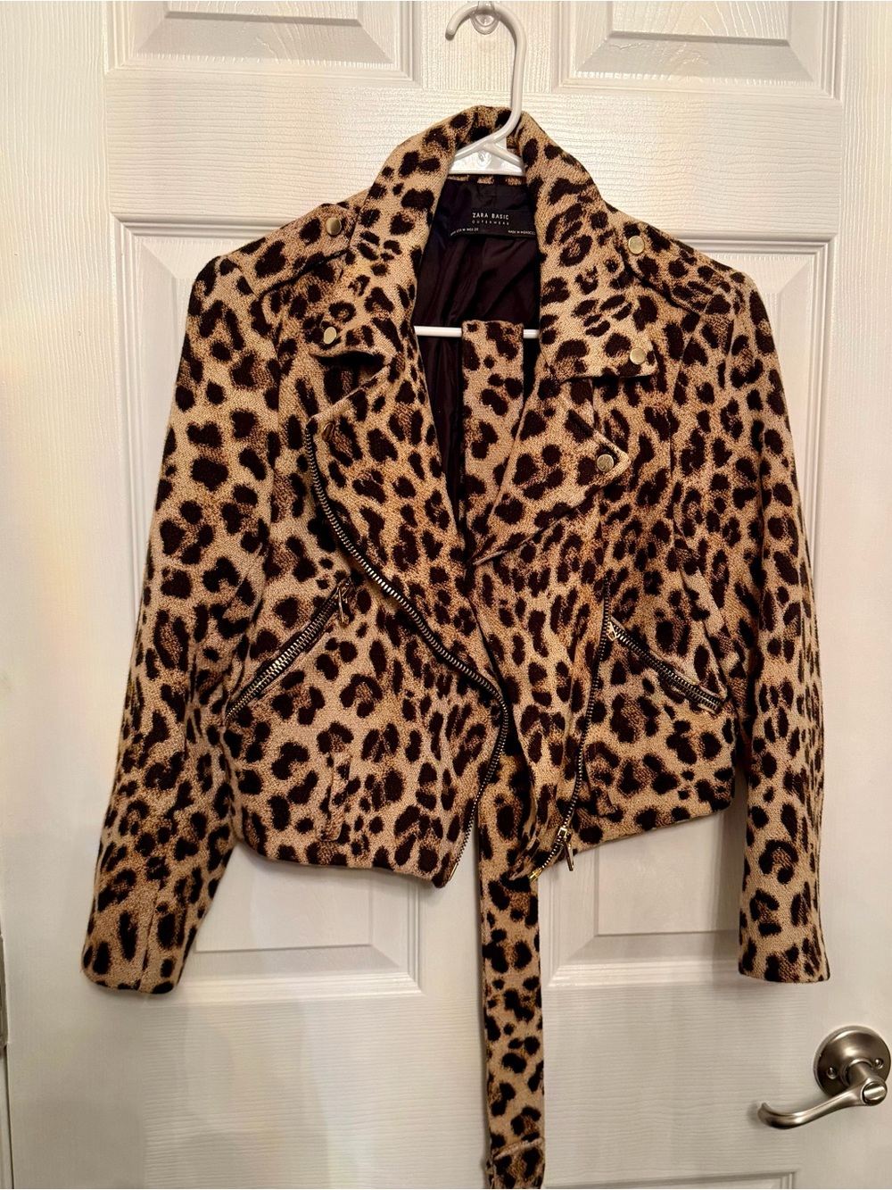 Zara Leopard Print Moto Jacket in Tan and Black